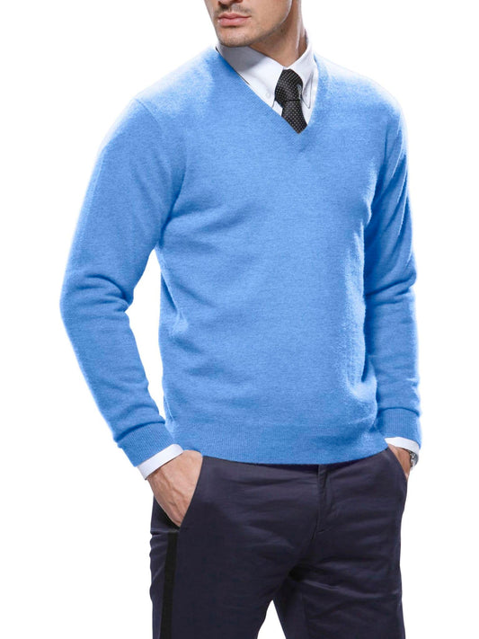 (product) Sky Blue Cashmere V-Neck Sweater - custom suits nyc bespoke tailor midtown, noho