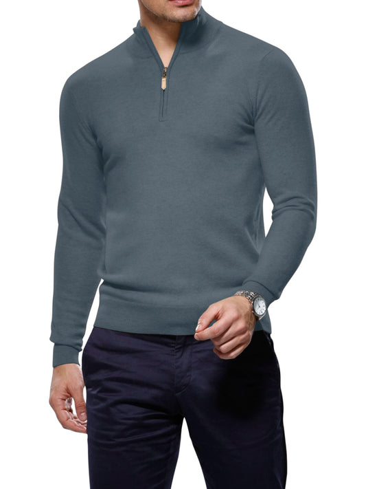 (product) Smoke Merino Wool 1/4 Zip Mock Sweater - custom suits nyc bespoke tailor midtown, noho