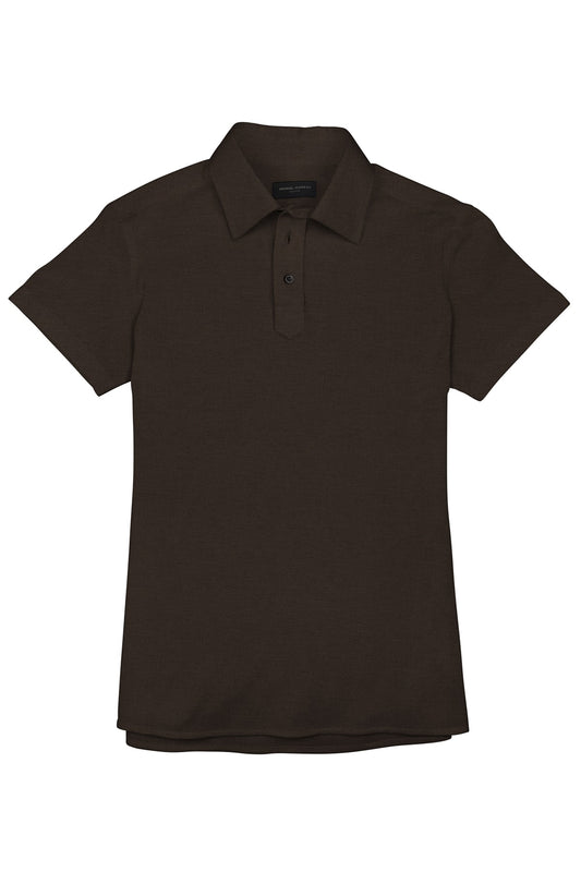(product) Brown Pique Short Sleeve Polo Shirt, shown in a flat layout - custom suits nyc bespoke tailor midtown, noho