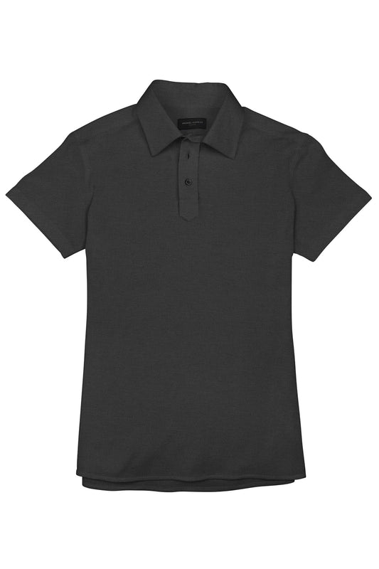 (product) Charcoal Pique Short Sleeve Polo Shirt, shown in a flat layout - custom suits nyc bespoke tailor midtown, noho
