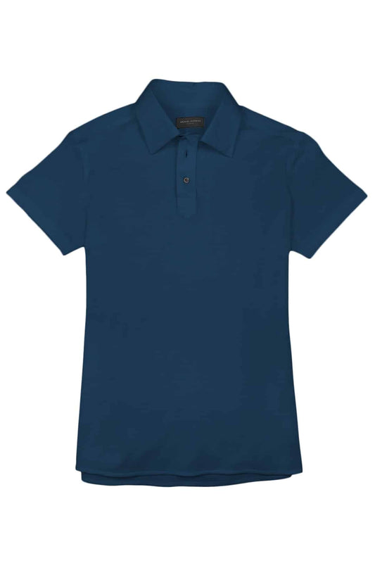 (product) Prussian Blue Pique Polo Shirt, front view - custom suits nyc bespoke tailor midtown, noho