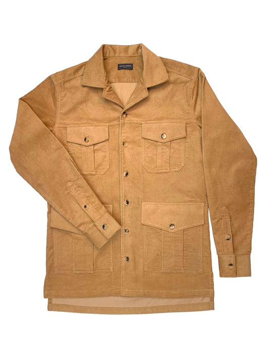 (product) Light Brown Stretch Corduroy Safari Shirt Jacket with buttoned chest and waist pockets, laid flat for display - custom suits nyc bespoke tailor midtown, noho