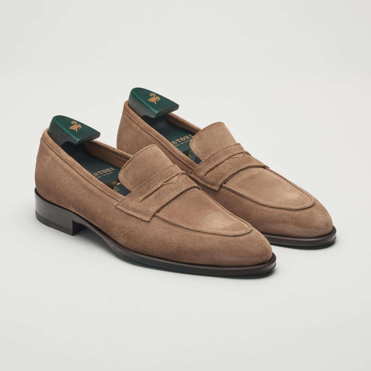 (product) Titus Suede Loafer Farro, Angled pair view - custom suits nyc bespoke tailor midtown, noho