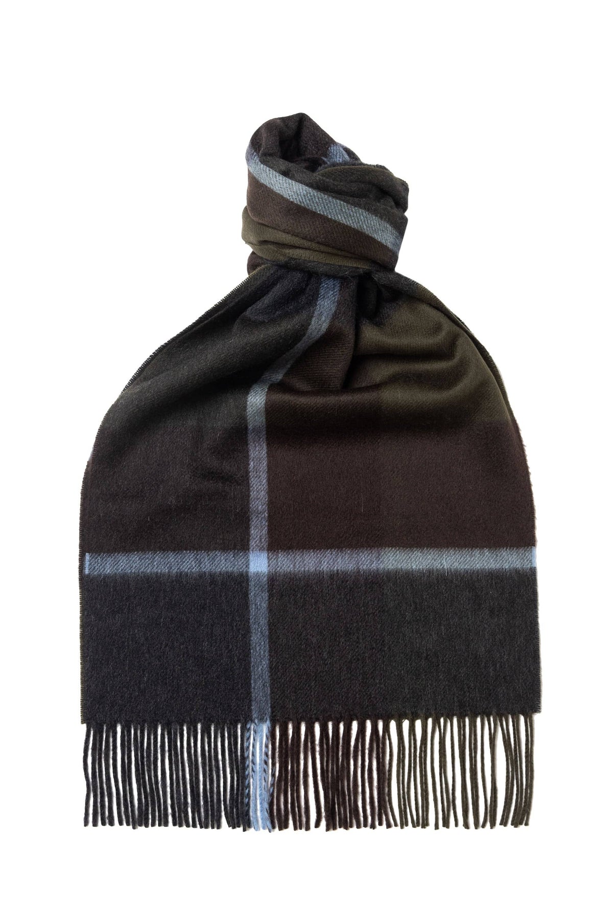 Plaid Wide Cashmere Scarf Dark Brown, knotted - custom suits nyc bespoke tailor midtown, noho