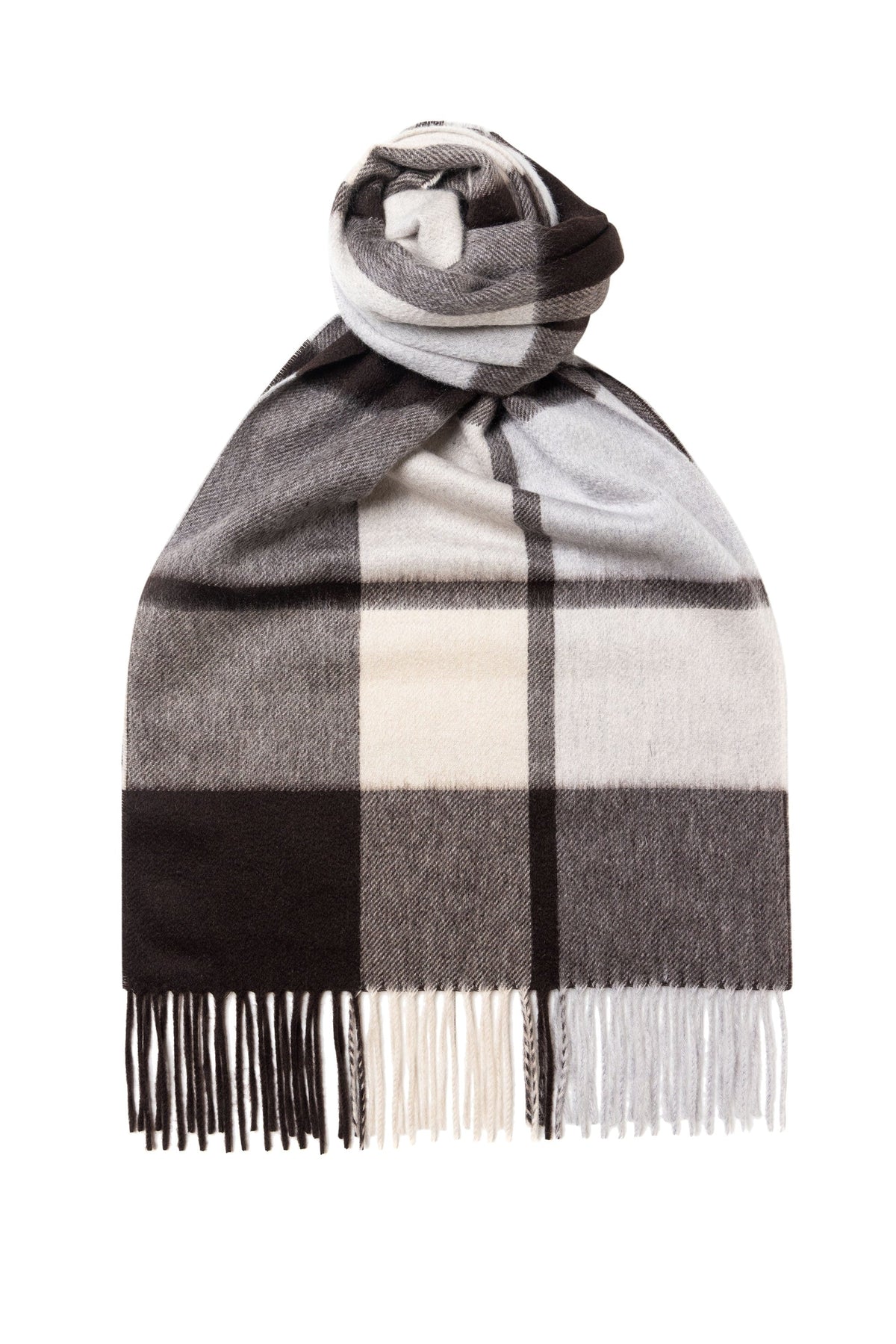 (product) Brown Plaid Wide Cashmere Scarf, knotted - custom suits nyc bespoke tailor midtown, noho