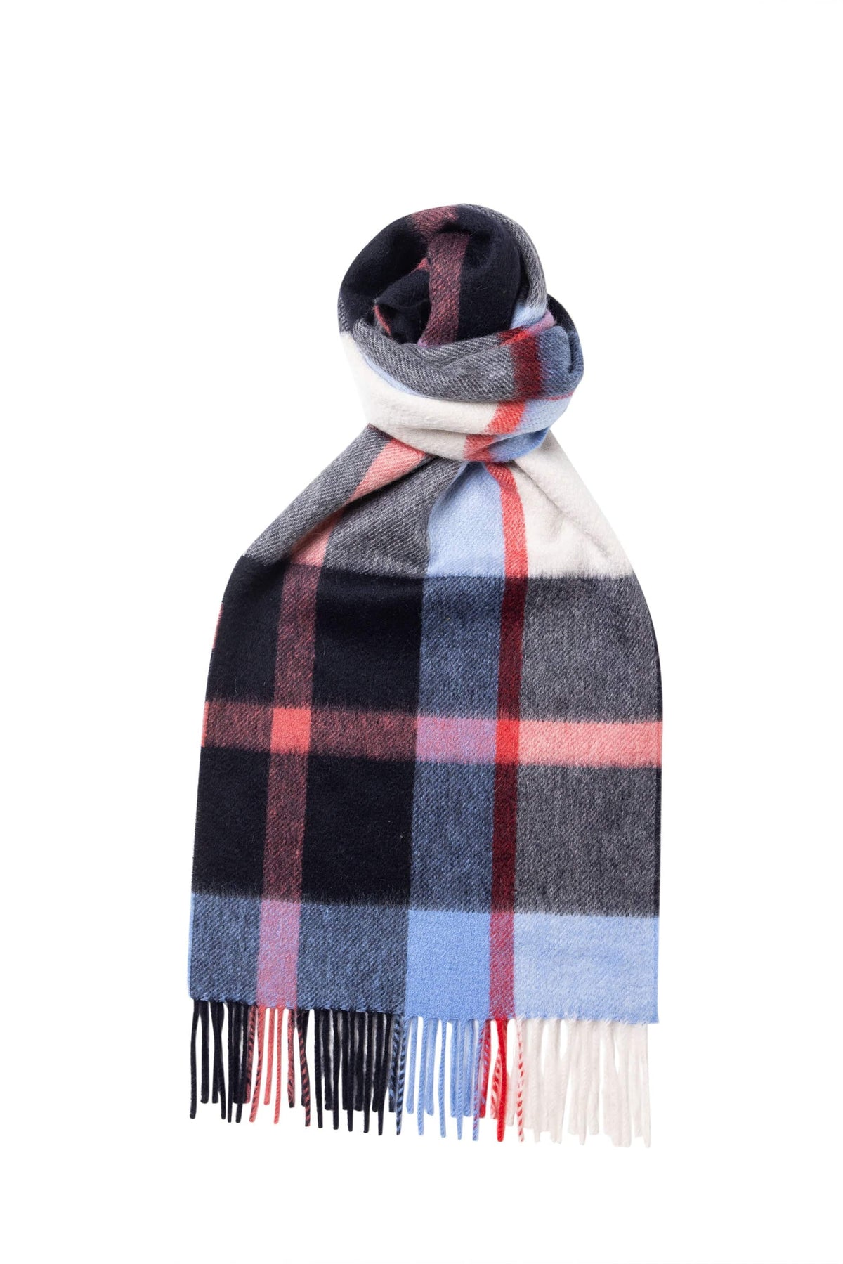 (product) Navy Blue x White Plaid Cashmere Scarf, knotted - custom suits nyc bespoke tailor midtown, noho