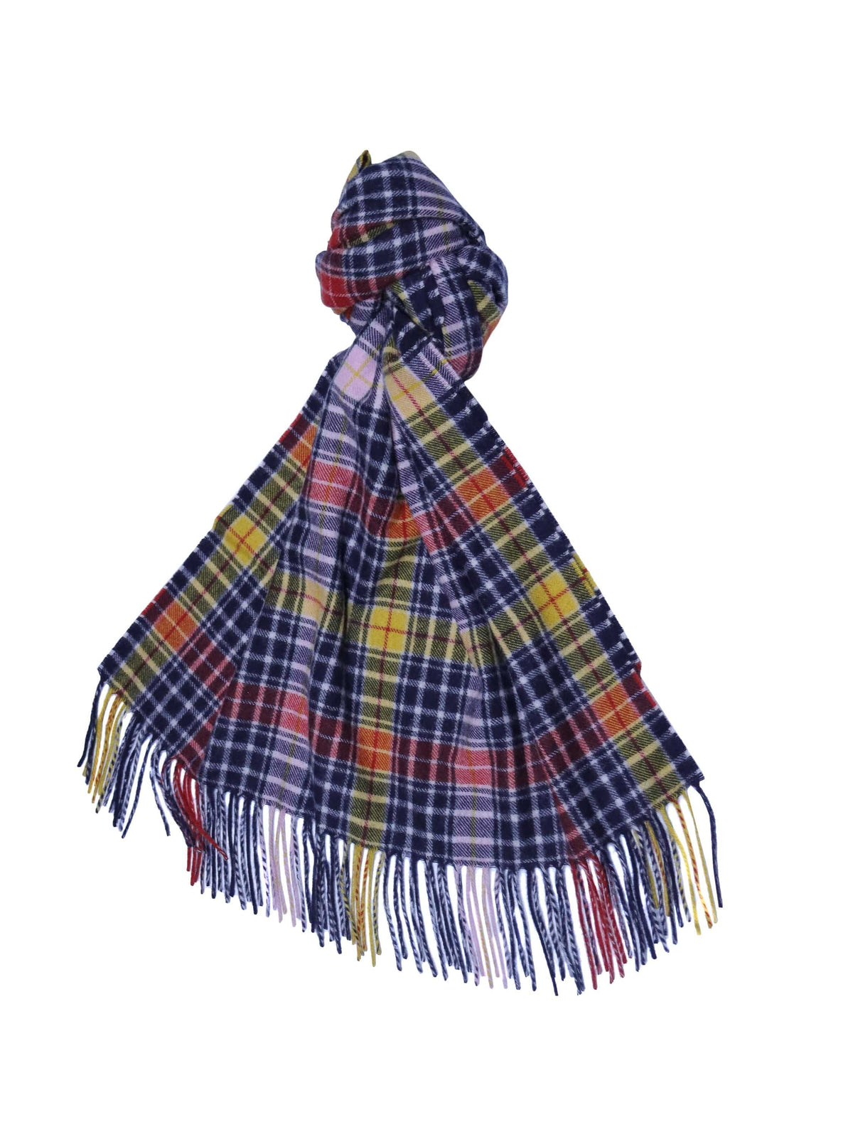 (product) Navy x Red x Yellow Plaid Extra Wide Cashmere Scarf, knotted - custom suits nyc bespoke tailor midtown, noho