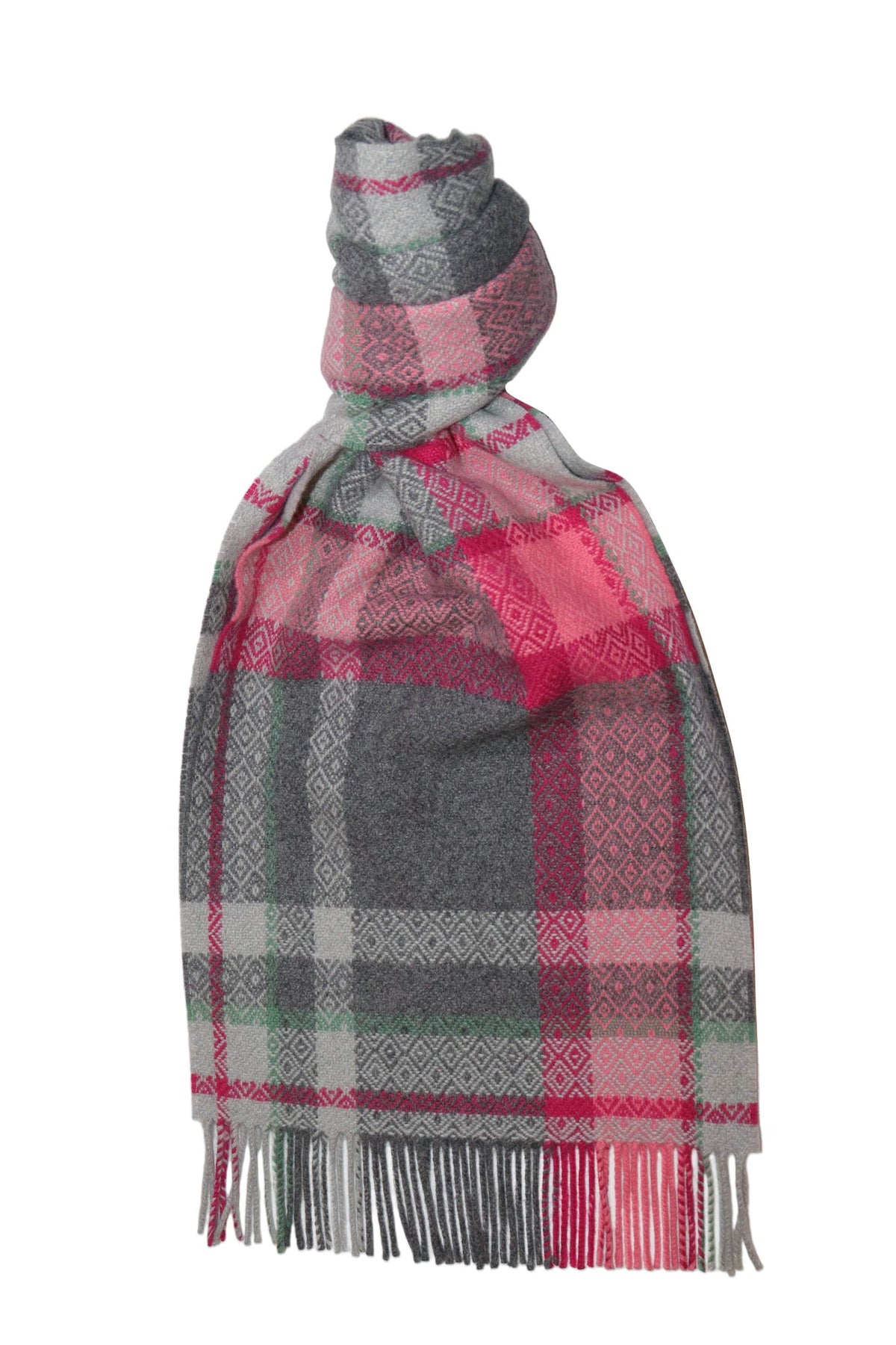 (product) Pink x Grey Diamond Check Lambswool Scarf, knotted - custom suits nyc bespoke tailor midtown, noho