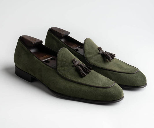(product) Vomero Olive Suede Loafer, Angled pair view - custom suits nyc bespoke tailor midtown, noho