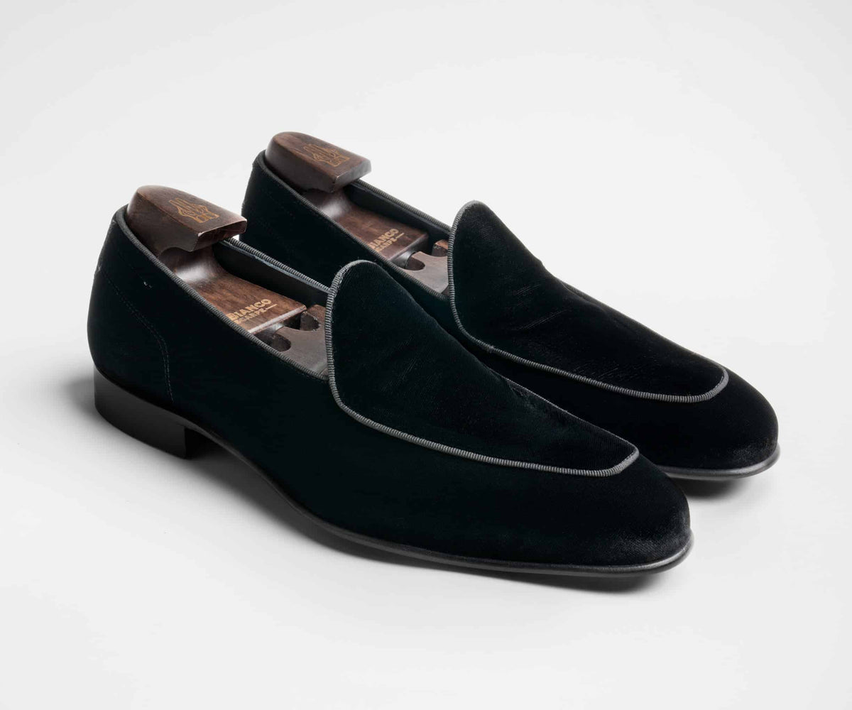 (product) Vomero Velvet Nero Formal Shoe, Angled pair view - custom suits nyc bespoke tailor midtown, noho