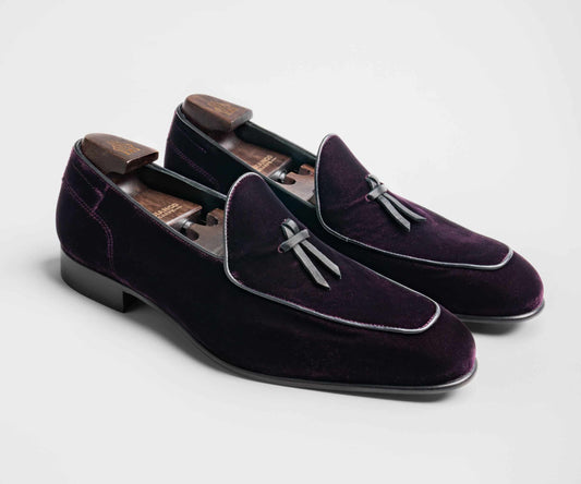 (product) Vomero Velvet Prugna Formal Loafer, Angled pair view - custom suits nyc bespoke tailor midtown, noho