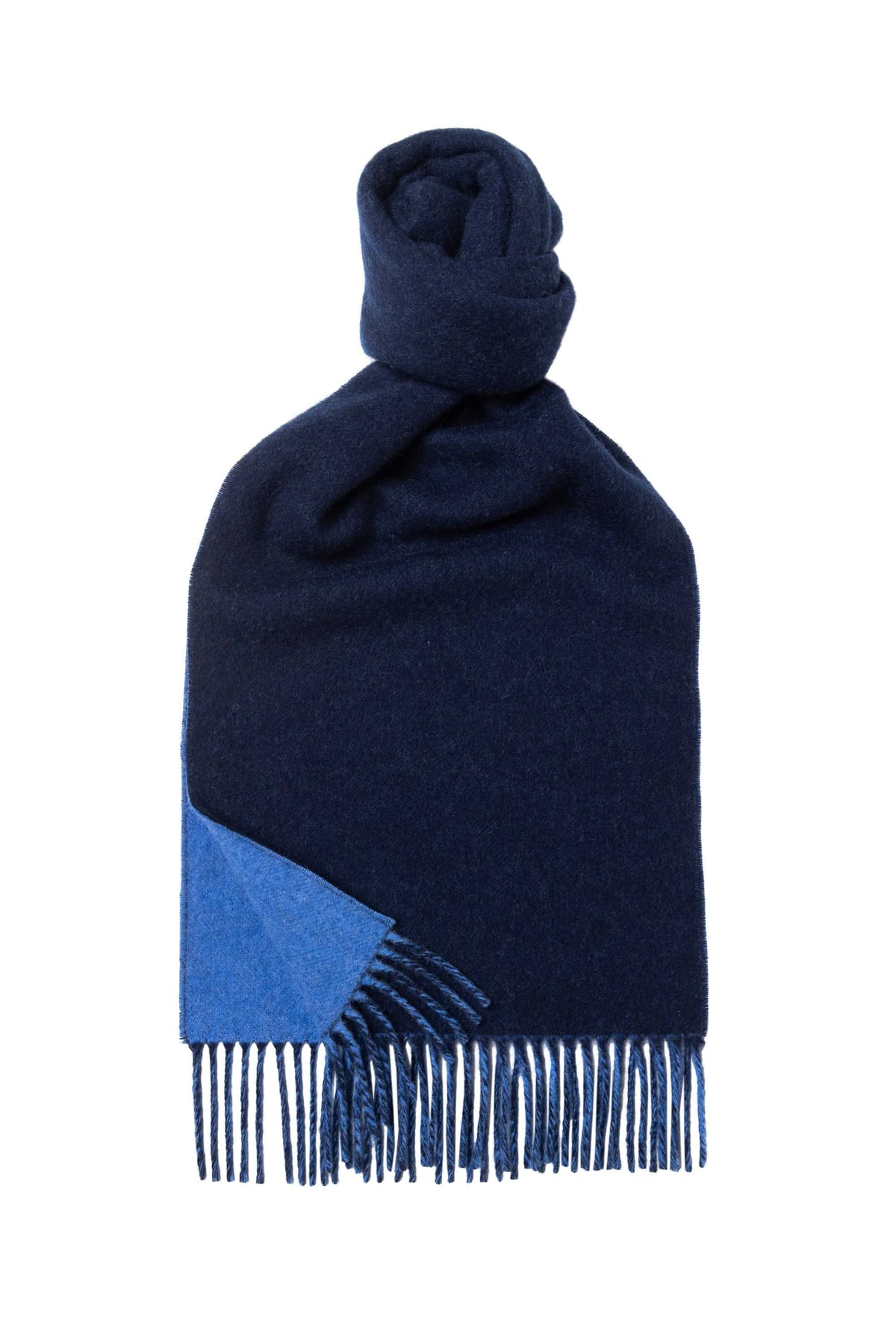 (product) Blue x Navy Plain Reversible Cashmere Blend Scarf, knotted - custom suits nyc bespoke tailor midtown, noho