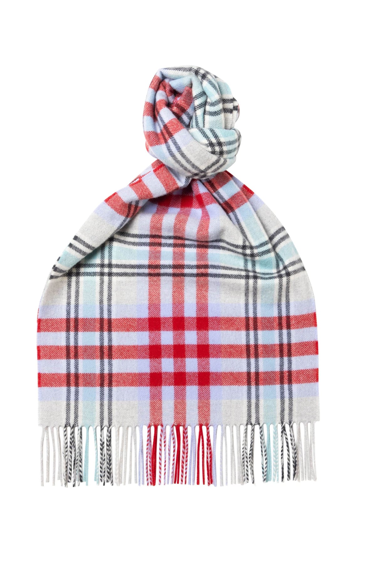 (product) Blue x Red Modern Tartan Cahsmere Blend Scarf, knotted - custom suits nyc bespoke tailor midtown, noho