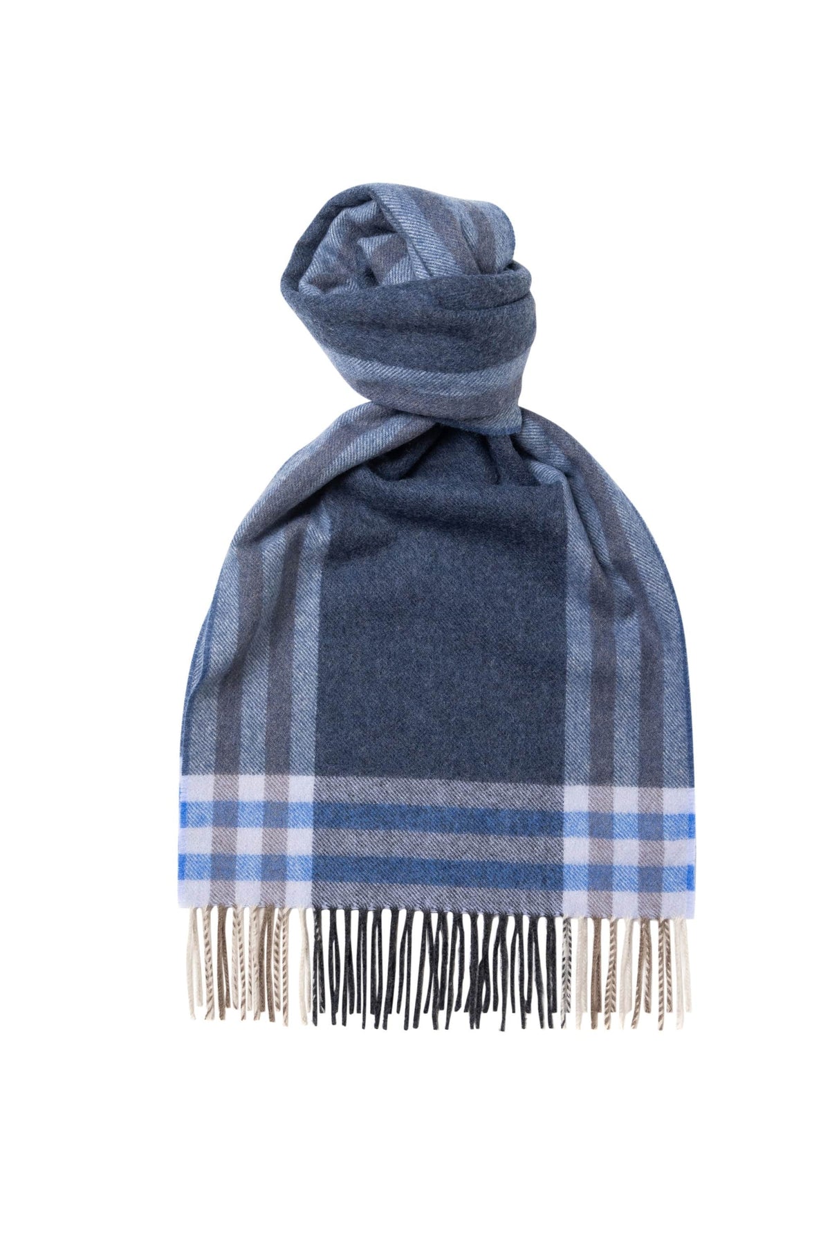 (product) Navy Blue Framed Cashmere Blend Scarf, knotted - custom suits nyc bespoke tailor midtown, noho