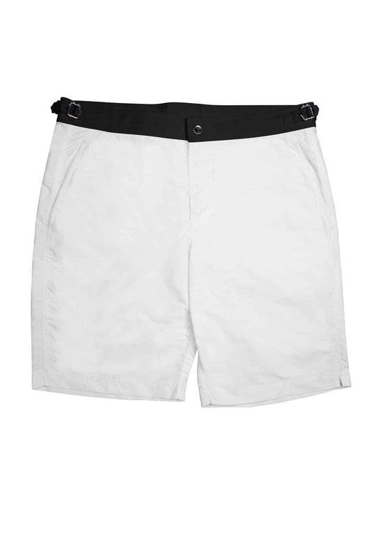 (product) White Swim Shorts with Black Waistband - custom suits nyc bespoke tailor midtown, noho