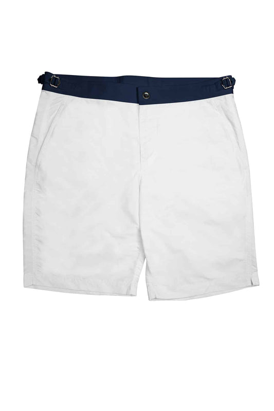 (product) White Swim Shorts with Navy Waistband - custom suits nyc bespoke tailor midtown, noho